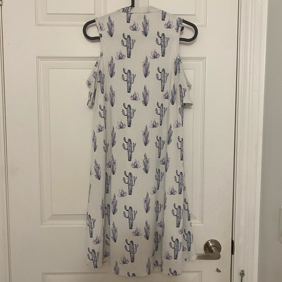 White Cold-Shoulder Dress with Purple Cactus Print - Picture 3 of 4